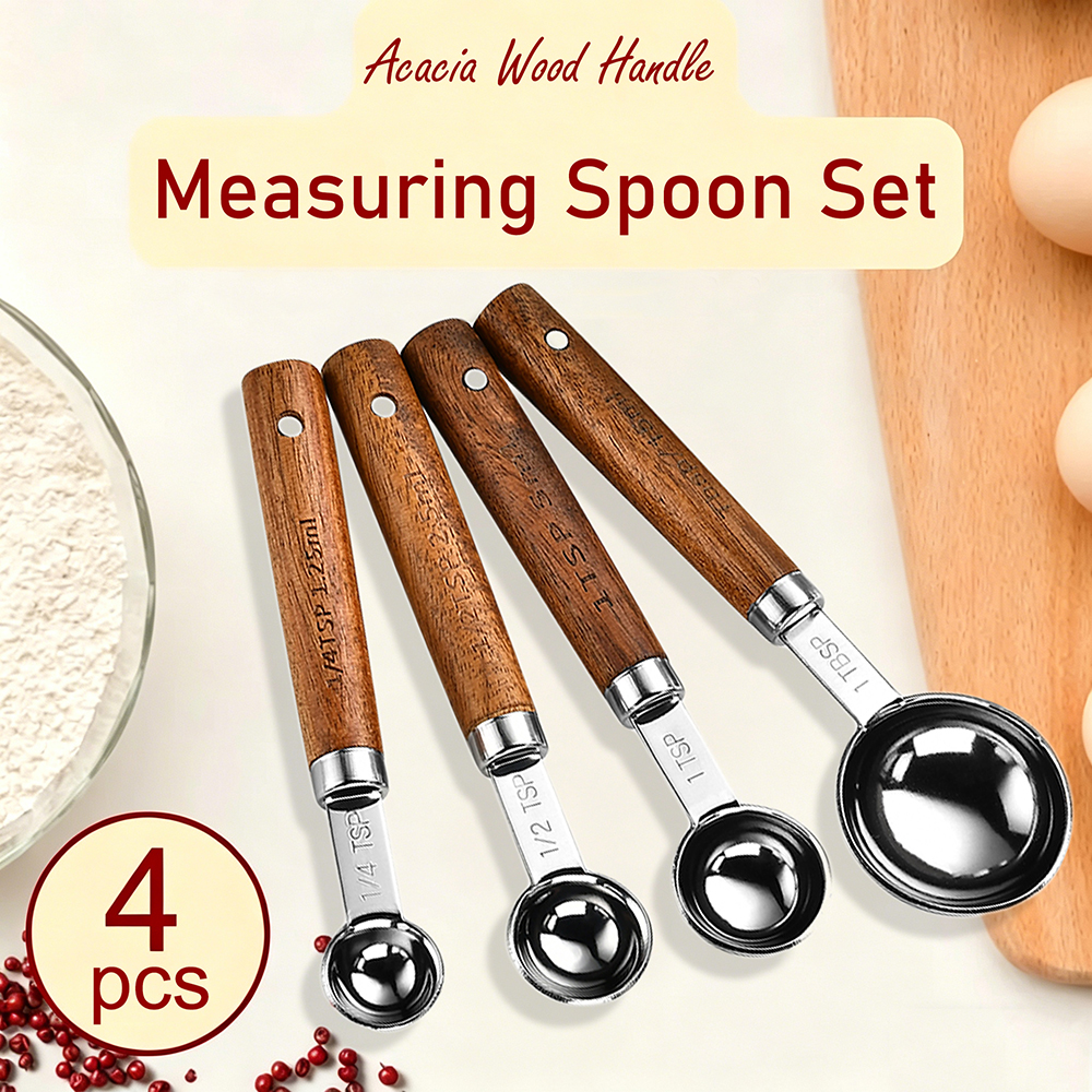 Kitchen Baking Scale - 4Pcs/Set Silver Wooden Handle Stainless Steel